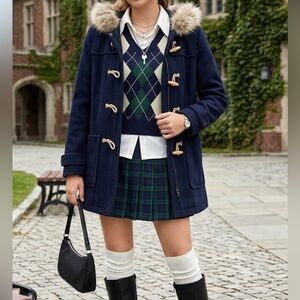 American Eagle wool blend preppy Y2K timeless fur trim hood toggle coat XL